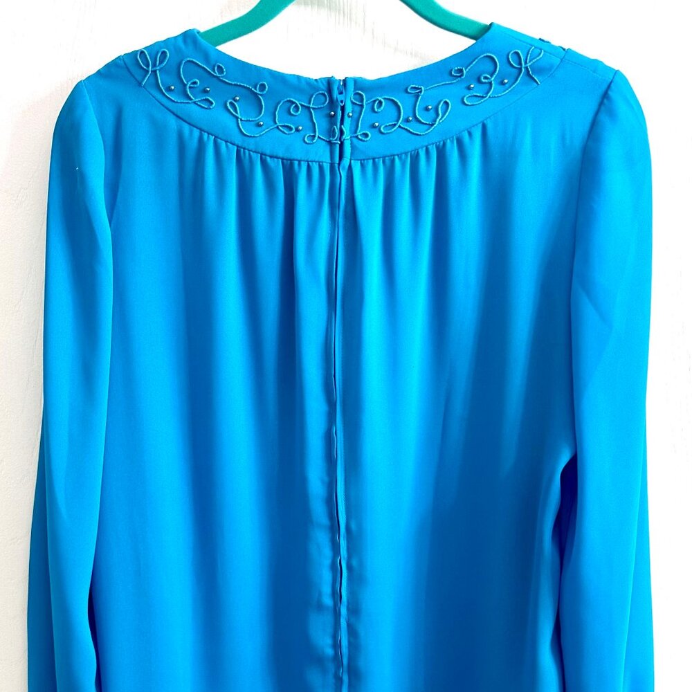 Vtg Diane Roberts Blue Semi Sheer Dress w Emb. & Beaded Collar 44 Bust Sz. 12/14 - Picture 5 of 11